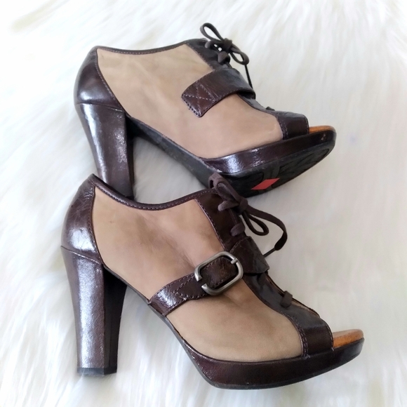 Anthropologie Naya Kasha Brown Leather Buckle Peep Toe High Heel Booties Sz 7.5M - Picture 5 of 15